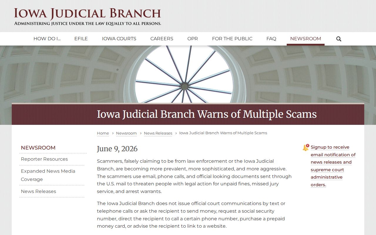 Iowa Judicial Branch warning about arrest warrant payment scams