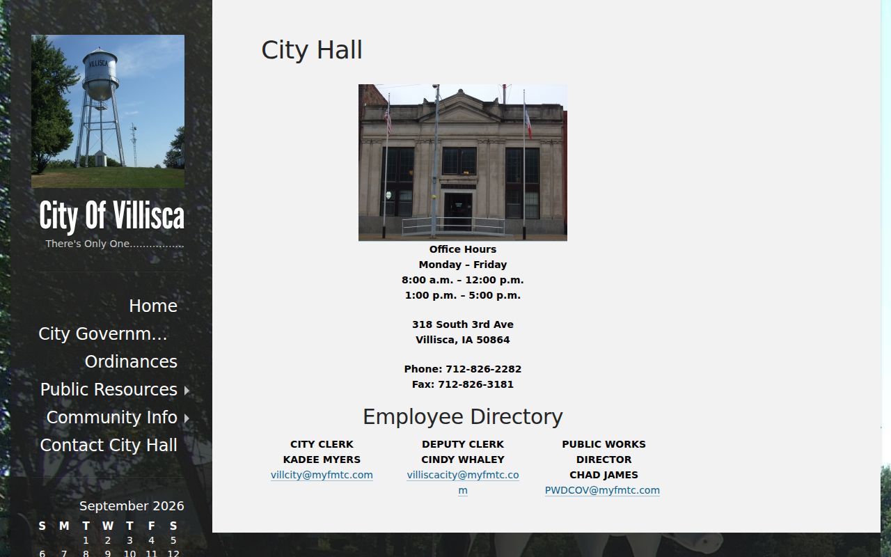 Villisca City Hall address clerk contacts and split office hours
